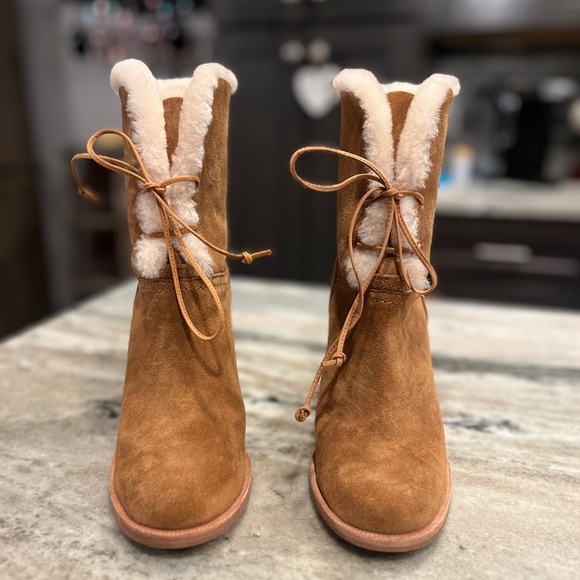 WOMEN'S JERENE SUEDE AND SHEEPSKIN HIGH BLOCK HEEL BOOTIES IN BROWN - Picture 4 of 6